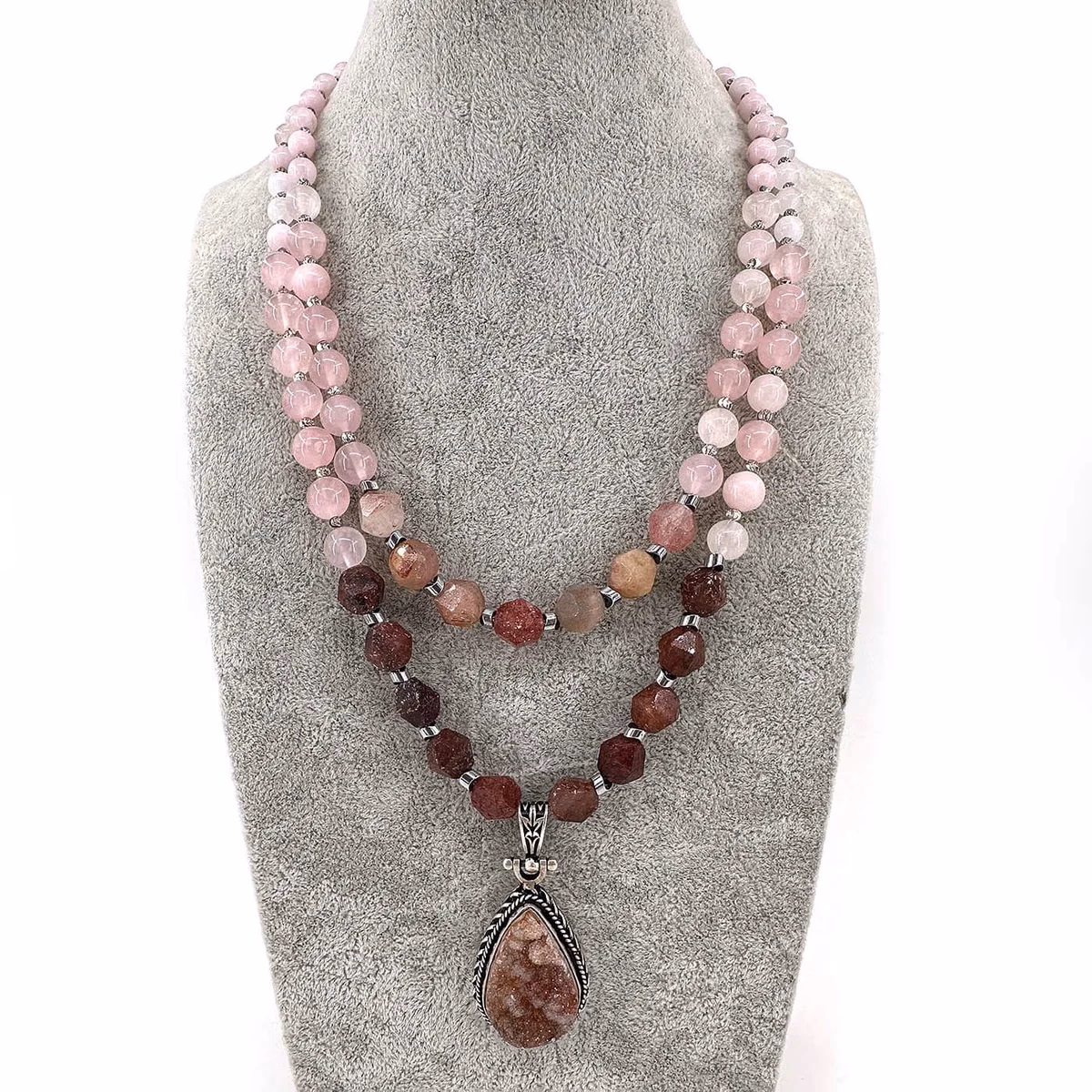 Pembe Kuvars / Çilek Kuvars Kolye Druze Uç (Gümüş)