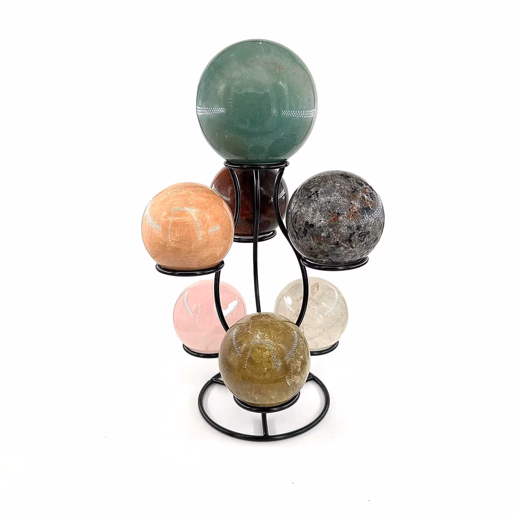Küre Seti Yedili Metal Standlı İncele ve Satın Al Küre Seti Yedili Metal Standlı - Orijinal Doğal Taş ve Şifa Kristali Görsel 1